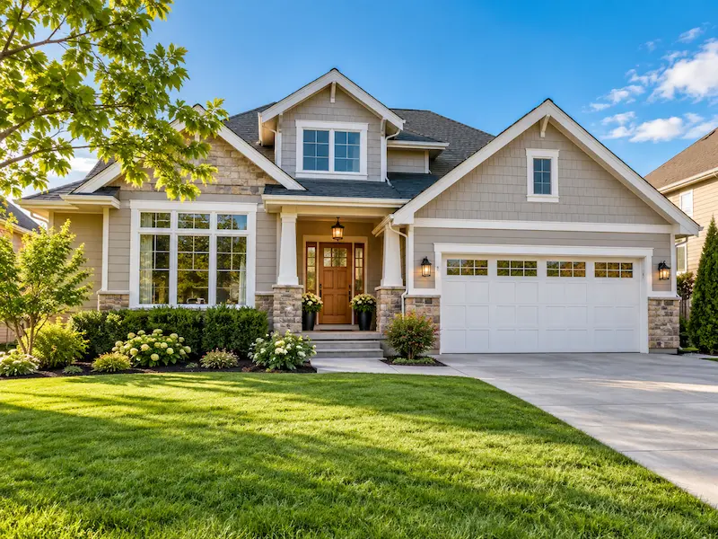 Beautiful finished home exterior with landscaped front yard and attached garage